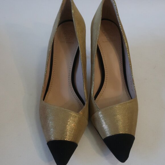 Authentic Womens Tory Burch Shaila Metallic Shimmer Gold Black Heel Pumps 9.5 - Picture 6 of 11